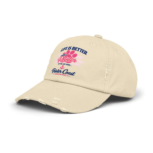 Distressed Baseball Cap – “Life Is Better with a Pointer” Pink Paw Graphic