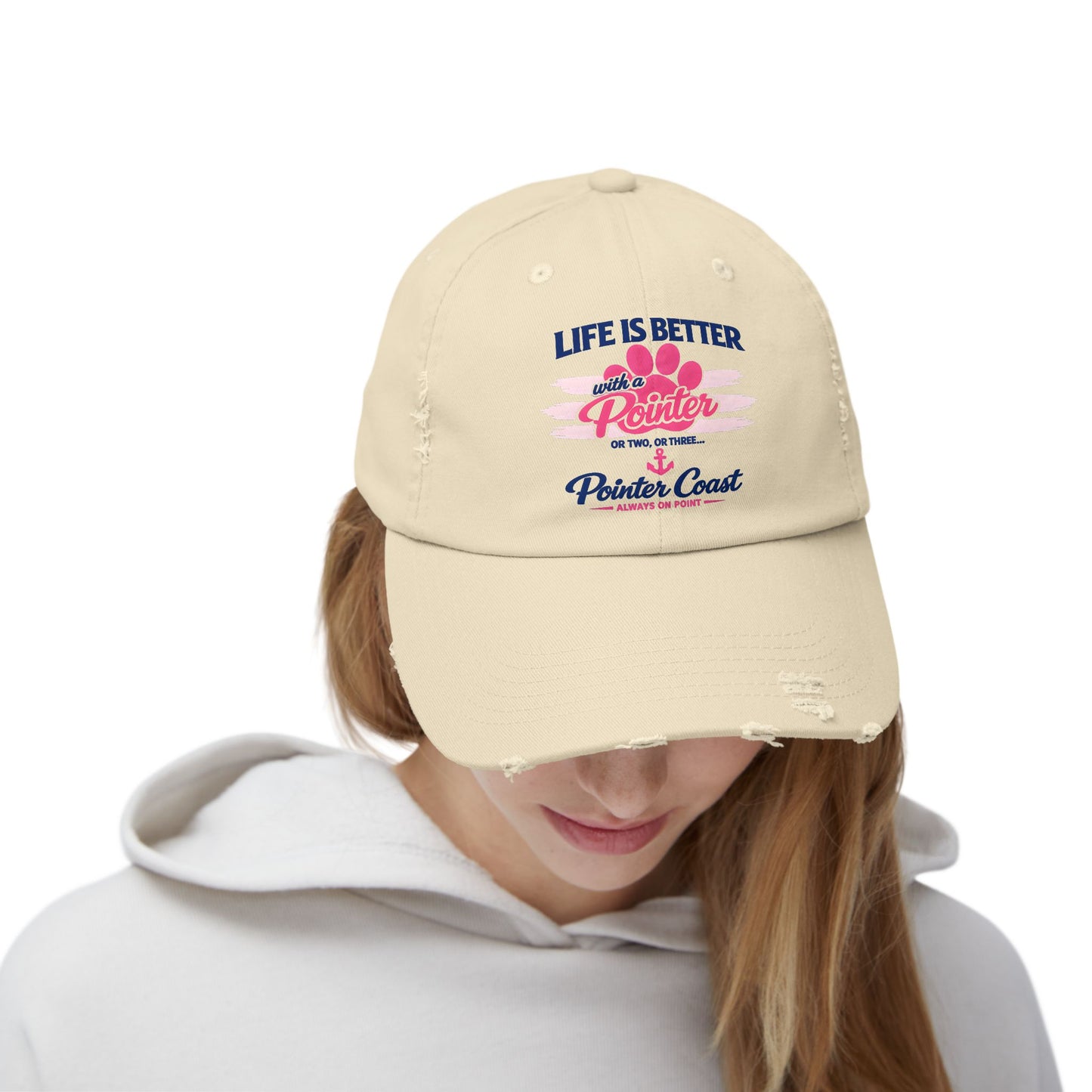 Distressed Baseball Cap – “Life Is Better with a Pointer” Pink Paw Graphic