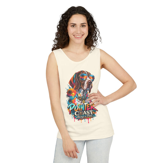Comfort Colors Pointer Coast Tank Top, Surf Dog Graphic, Tropical Sunset Shirt, Beachwear