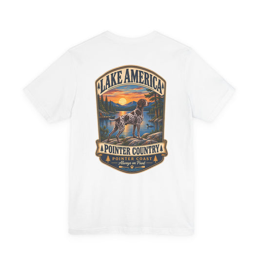 Pointer Country Lake America T Shirt, Hunting Dog Tee, Outdoorsman Gift, Scenic Back Print