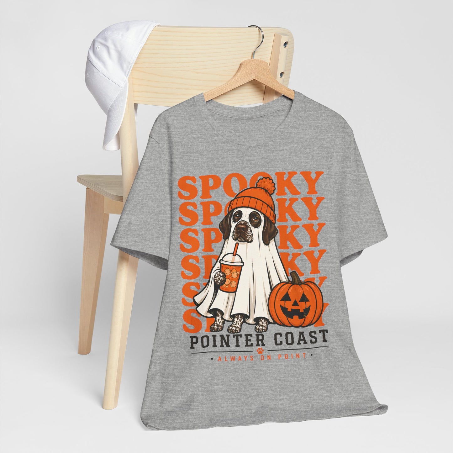 Spooky Pointer Coast Halloween Tee, Ghost Dog Graphic, Pumpkin Shirt, Bella Canvas 3001