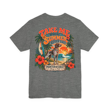 Pointer Dog Beach Graphic T Shirt, Bella Canvas 3001, Tropical Sunset, Unisex Summer Tee