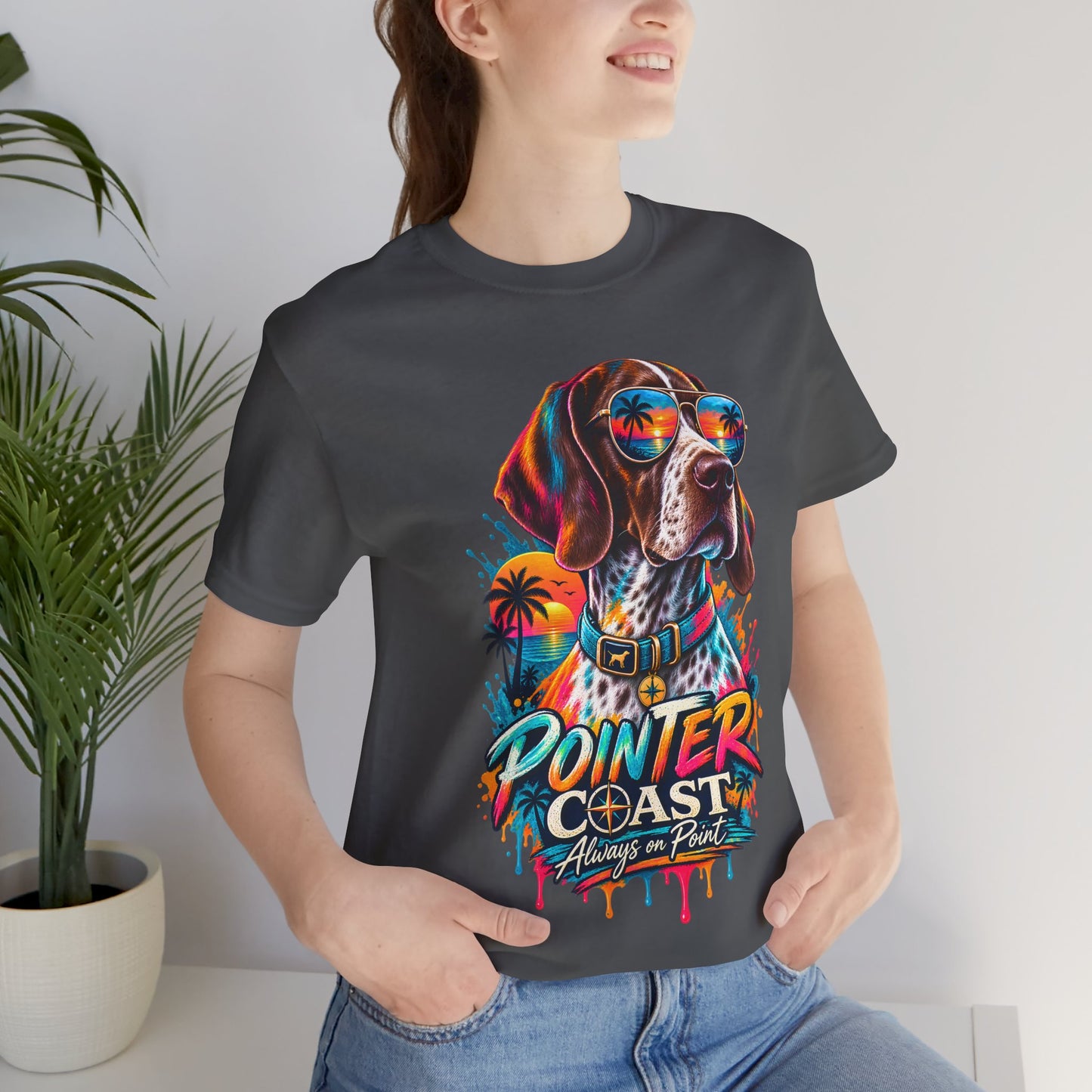 Pointer Coast Retro Dog Graphic Tee, Bella Canvas 3001, Tropical Sunset Shirt, Pet Lover Gift