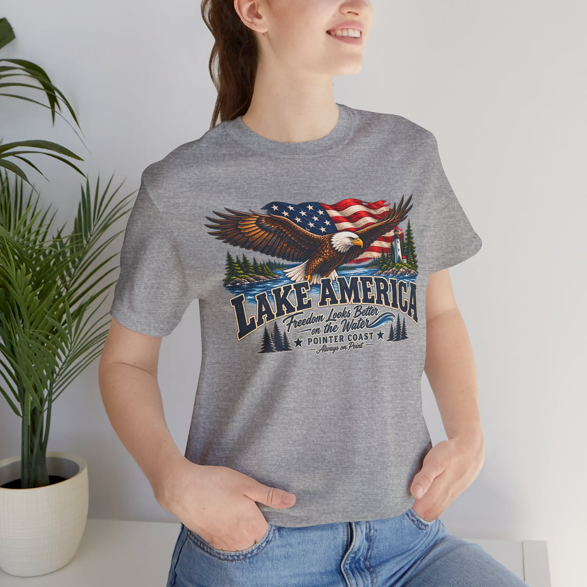 Lake America Eagle Graphic T Shirt, Patriotic Outdoor Tee, American Flag, Coastal Adventure