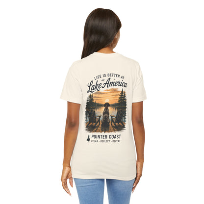 Lake America Sunset Graphic Tee, Pointer Dog Shirt, Lakeside Vacation Apparel