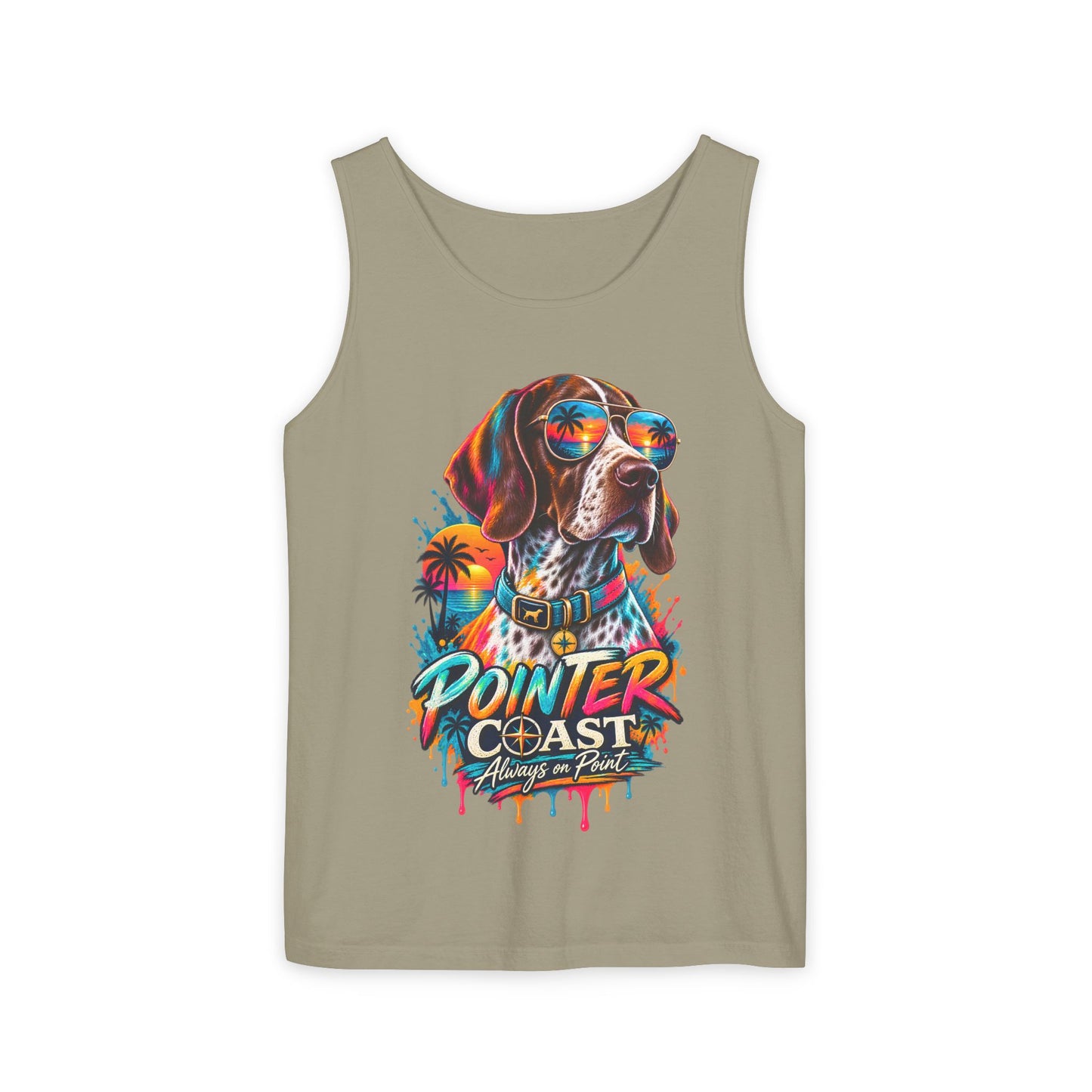 Comfort Colors Pointer Coast Tank Top, Surf Dog Graphic, Tropical Sunset Shirt, Beachwear