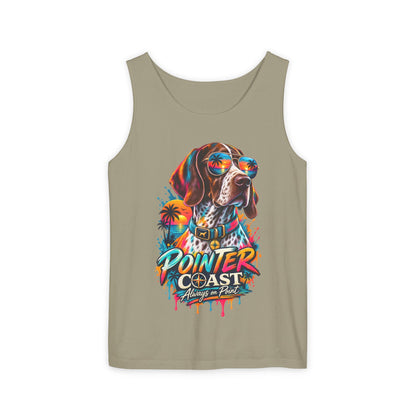 Comfort Colors Pointer Coast Tank Top, Surf Dog Graphic, Tropical Sunset Shirt, Beachwear
