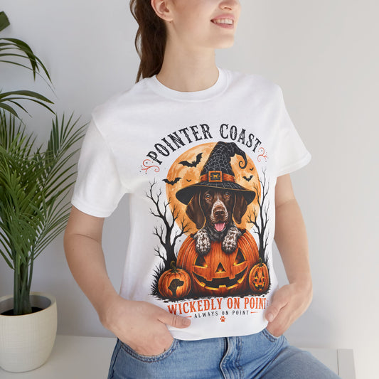 Halloween Pointer Dog Graphic T-Shirt, Bella Canvas 3001, Pumpkin Witch, Spooky Pet Lover Gift