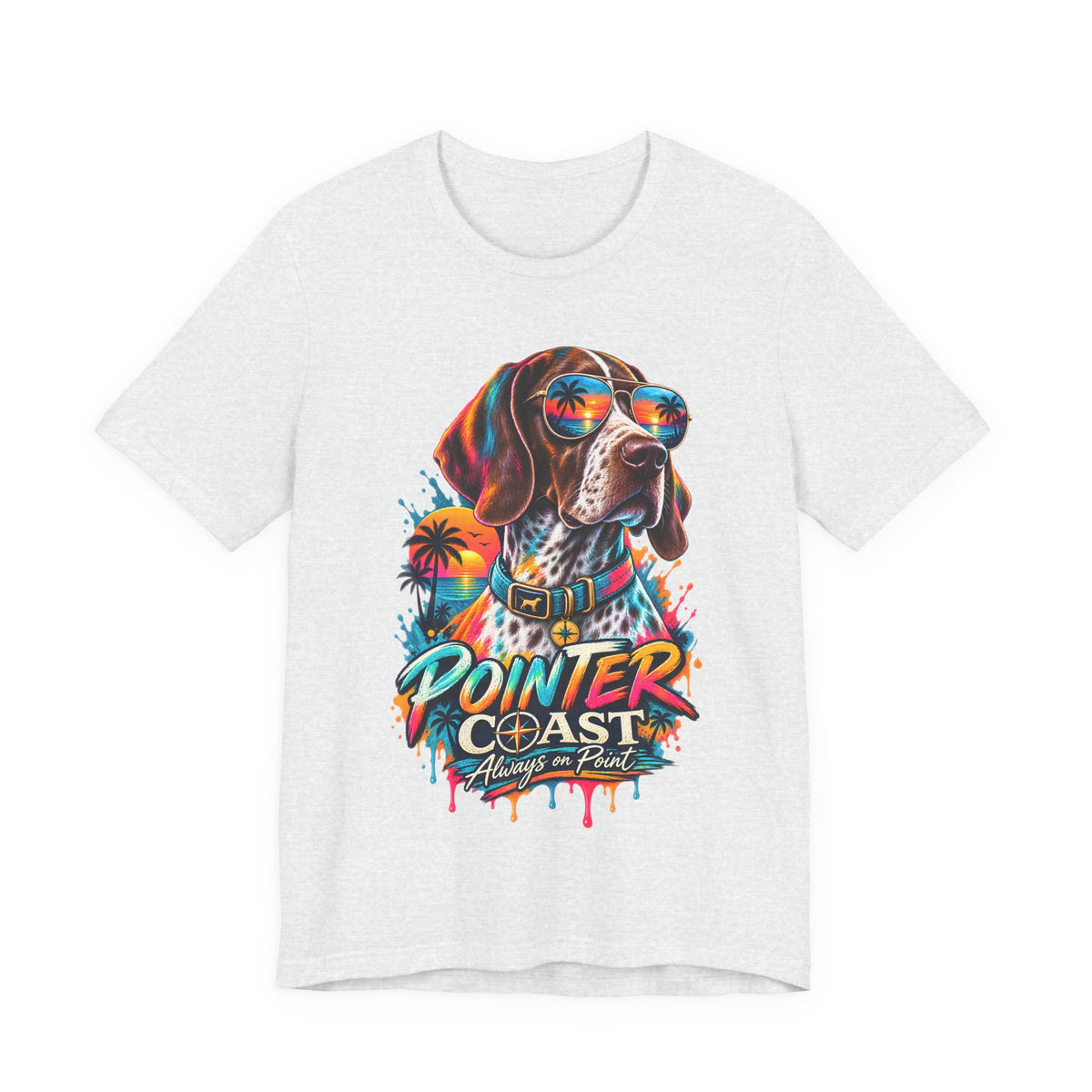 Pointer Coast Retro Dog Graphic Tee, Bella Canvas 3001, Tropical Sunset Shirt, Pet Lover Gift