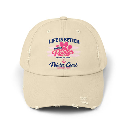Distressed Baseball Cap – “Life Is Better with a Pointer” Pink Paw Graphic