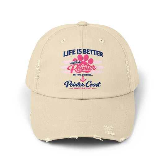 Distressed Baseball Cap – “Life Is Better with a Pointer” Pink Paw Graphic