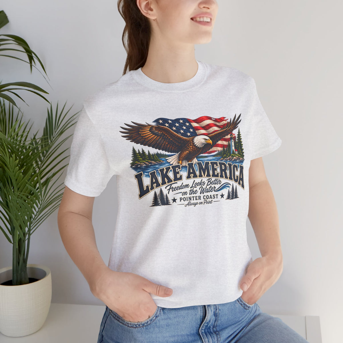 Lake America Eagle Graphic T Shirt, Patriotic Outdoor Tee, American Flag, Coastal Adventure