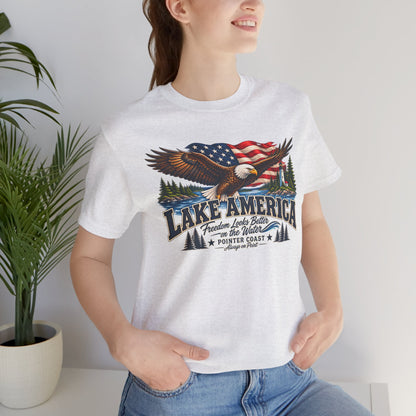 Lake America Eagle Graphic T Shirt, Patriotic Outdoor Tee, American Flag, Coastal Adventure
