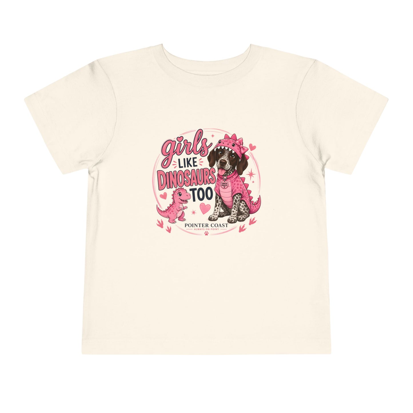 Girls Like Dinosaurs Too Pointer Dog Shirt, Cute Pink Dino Puppy Tee, Funny Girl Graphic T-Shirt