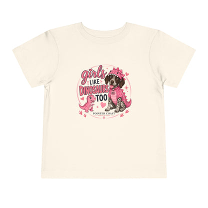 Girls Like Dinosaurs Too Pointer Dog Shirt, Cute Pink Dino Puppy Tee, Funny Girl Graphic T-Shirt