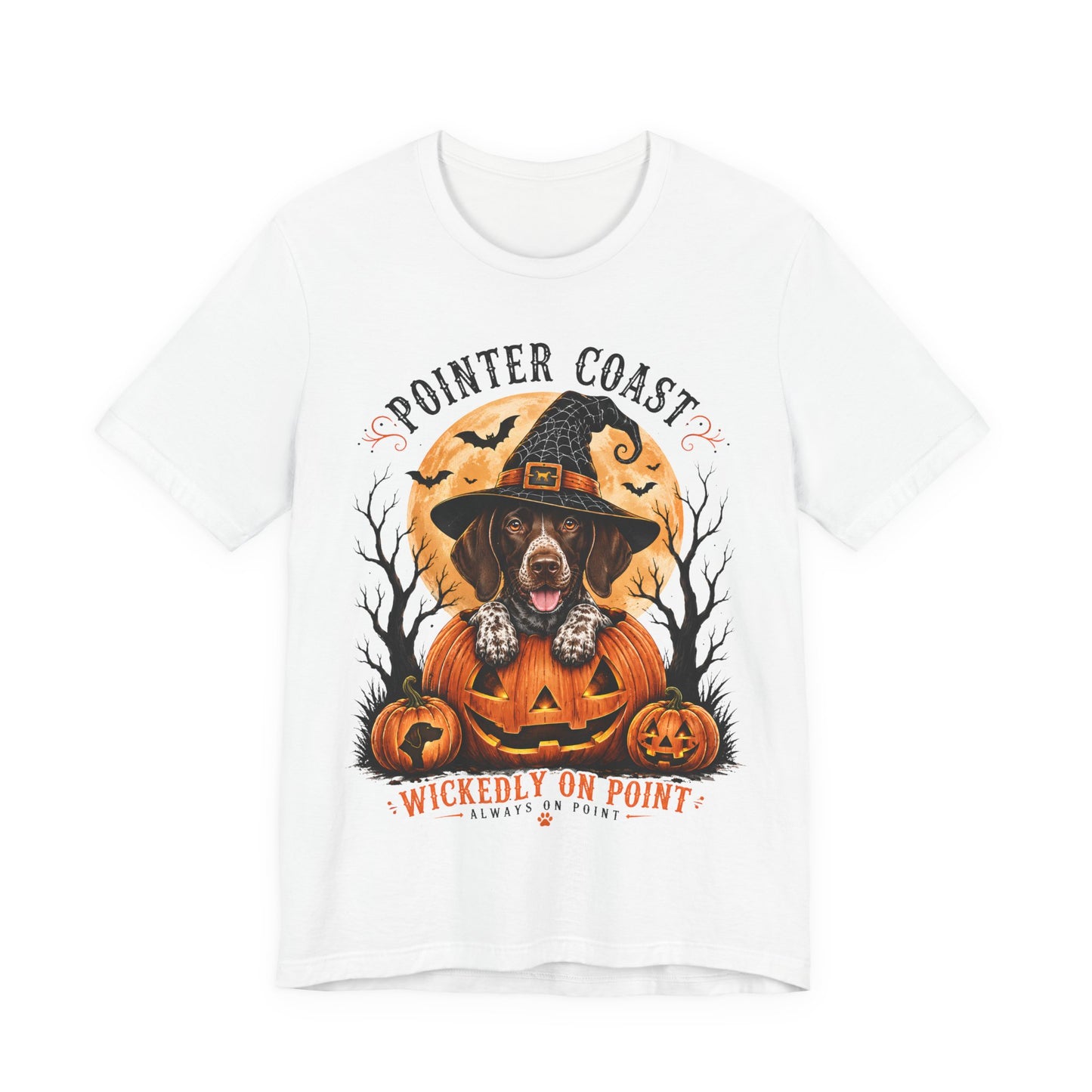 Halloween Pointer Dog Graphic T-Shirt, Bella Canvas 3001, Pumpkin Witch, Spooky Pet Lover Gift