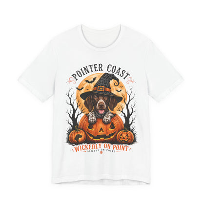 Halloween Pointer Dog Graphic T-Shirt, Bella Canvas 3001, Pumpkin Witch, Spooky Pet Lover Gift