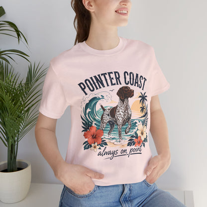 Pointer Coast Dog Graphic Tee Shirt, Bella Canvas 3001, Tropical Beach Art, Unisex Crewneck