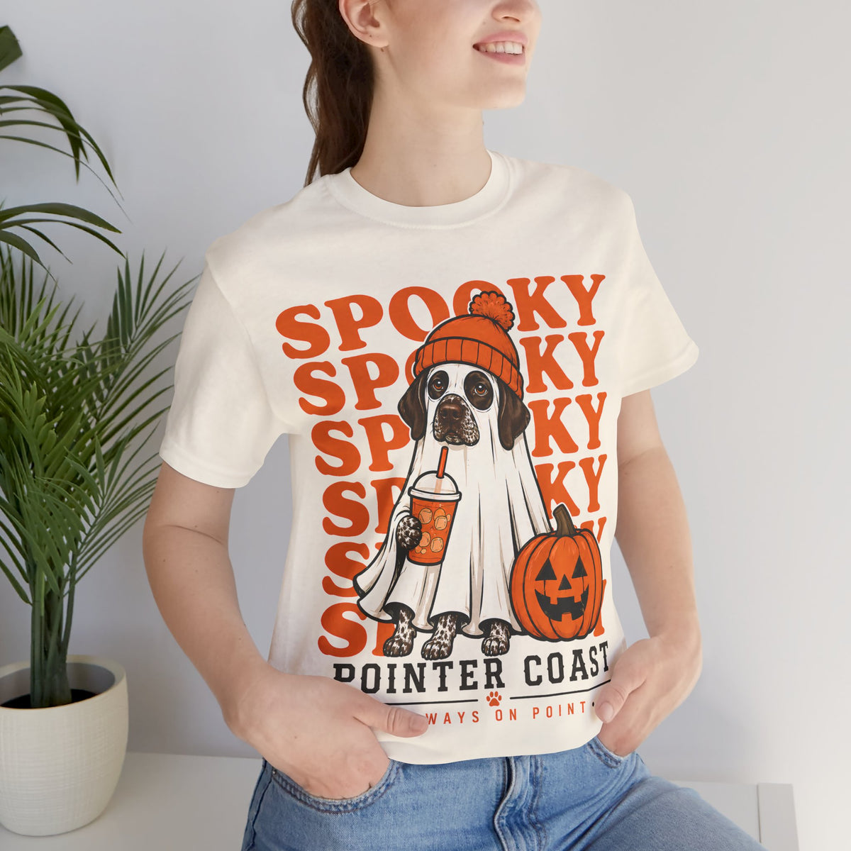 Spooky Pointer Coast Halloween Tee, Ghost Dog Graphic, Pumpkin Shirt, Bella Canvas 3001