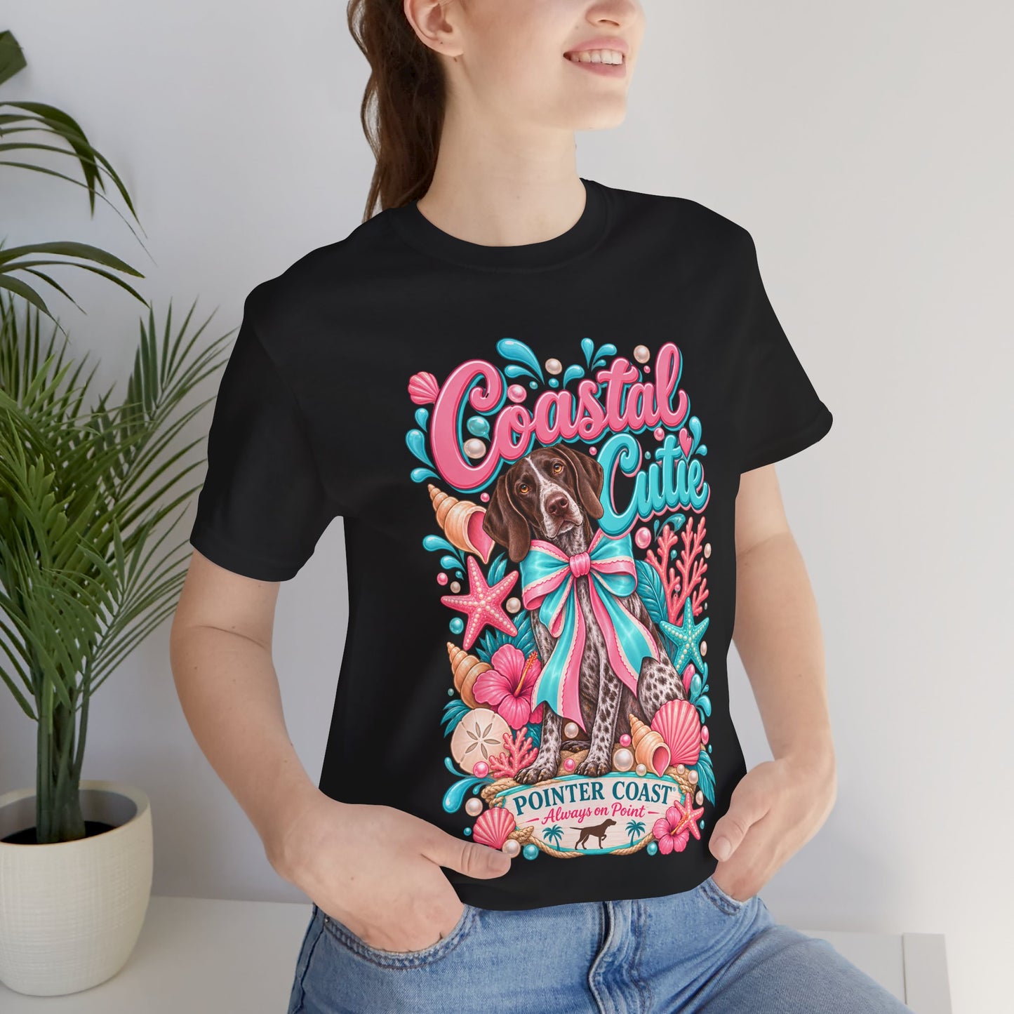 Coastal Cutie Dog Graphic Tee Shirt, Bella Canvas 3001, Pointer Lover Gift, Pastel Summer
