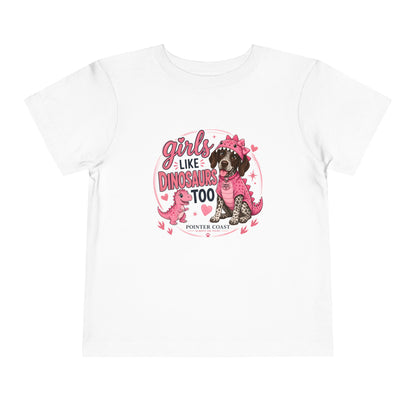 Girls Like Dinosaurs Too Pointer Dog Shirt, Cute Pink Dino Puppy Tee, Funny Girl Graphic T-Shirt