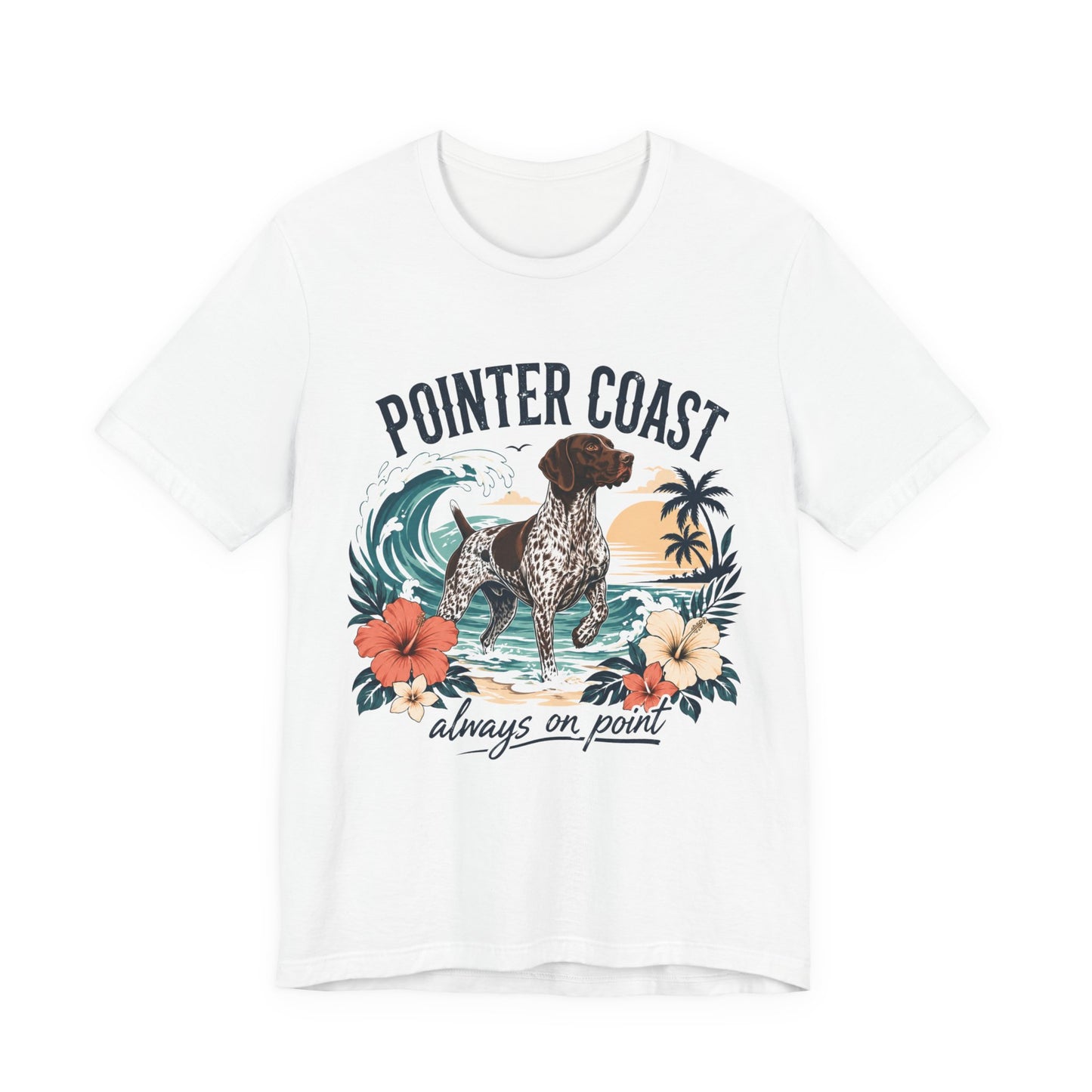 Pointer Coast Dog Graphic Tee Shirt, Bella Canvas 3001, Tropical Beach Art, Unisex Crewneck