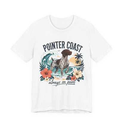 Pointer Coast Dog Graphic Tee Shirt, Bella Canvas 3001, Tropical Beach Art, Unisex Crewneck