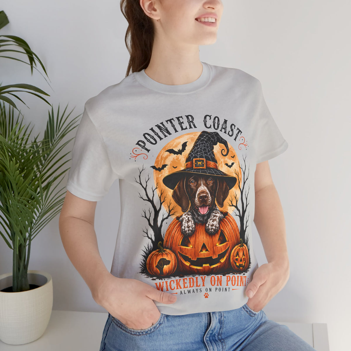 Halloween Pointer Dog Graphic T-Shirt, Bella Canvas 3001, Pumpkin Witch, Spooky Pet Lover Gift