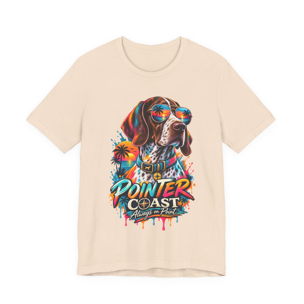 Pointer Coast Retro Dog Graphic Tee, Bella Canvas 3001, Tropical Sunset Shirt, Pet Lover Gift