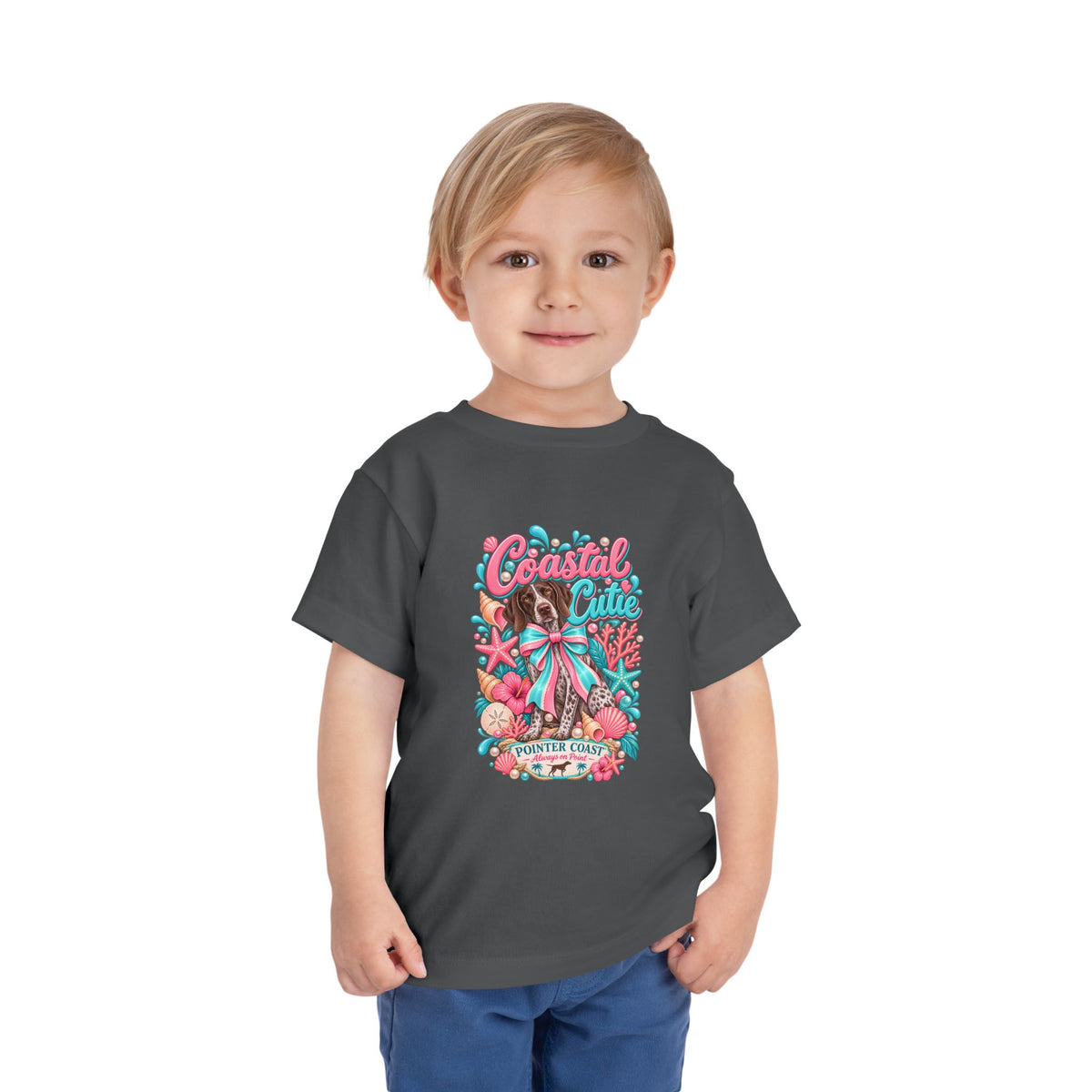 Coastal Cutie Beach Puppy Toddler Tee, Ocean Graphic Shirt, Pointer Dog, Summer Kids Top