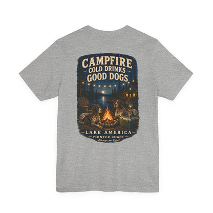 Campfire Lake Graphic T Shirt, Cold Drinks, Good Dogs, Outdoor Lover Gift, Rustic Cabin Apparel