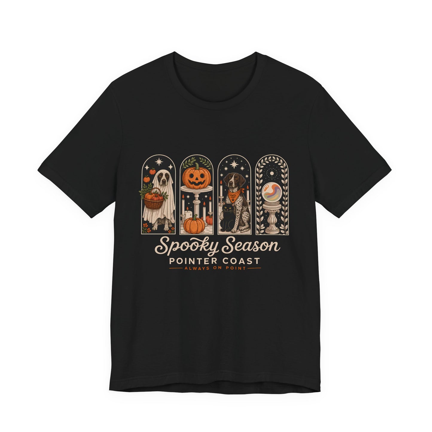 Spooky Season Pointer Coast Tee, Bella Canvas 3001, Halloween Dog Shirt, Pumpkin Graphic