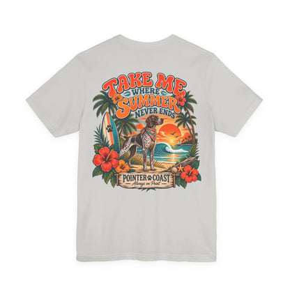 Pointer Dog Beach Graphic T Shirt, Bella Canvas 3001, Tropical Sunset, Unisex Summer Tee