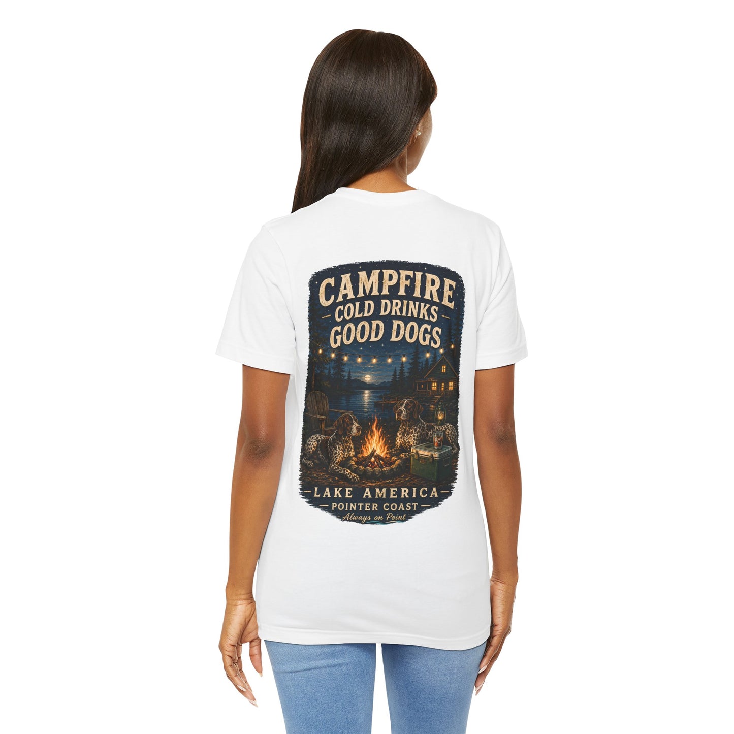 Campfire Lake Graphic T Shirt, Cold Drinks, Good Dogs, Outdoor Lover Gift, Rustic Cabin Apparel