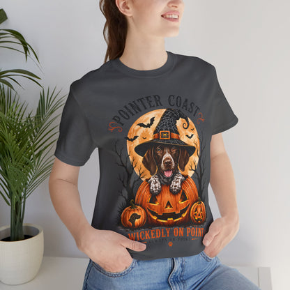 Halloween Pointer Dog Graphic T-Shirt, Bella Canvas 3001, Pumpkin Witch, Spooky Pet Lover Gift