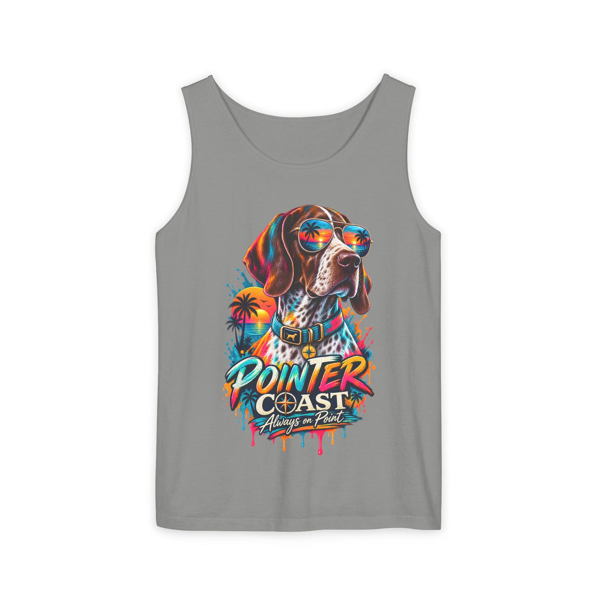 Comfort Colors Pointer Coast Tank Top, Surf Dog Graphic, Tropical Sunset Shirt, Beachwear
