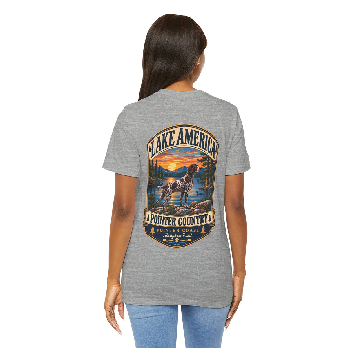 Pointer Country Lake America T Shirt, Hunting Dog Tee, Outdoorsman Gift, Scenic Back Print