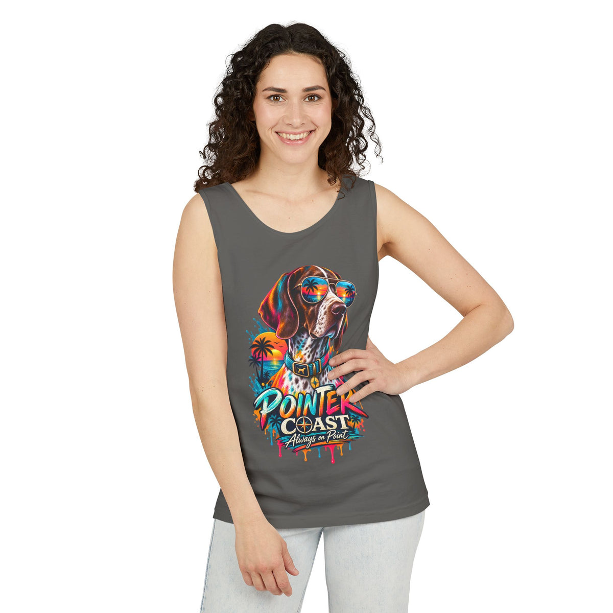 Comfort Colors Pointer Coast Tank Top, Surf Dog Graphic, Tropical Sunset Shirt, Beachwear