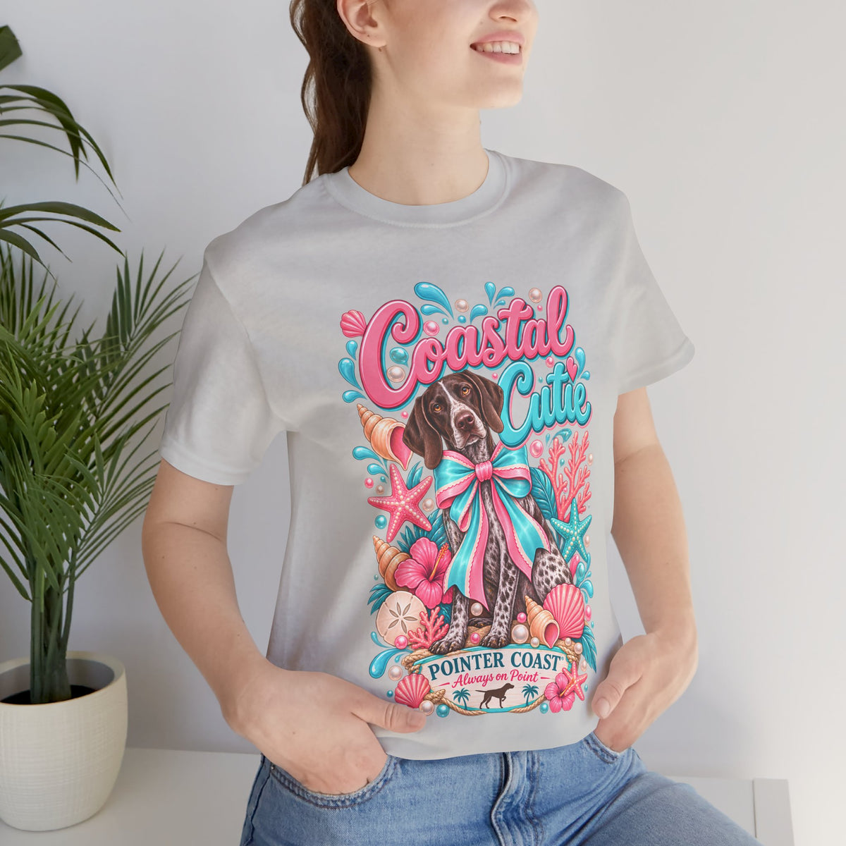 Coastal Cutie Dog Graphic Tee Shirt, Bella Canvas 3001, Pointer Lover Gift, Pastel Summer
