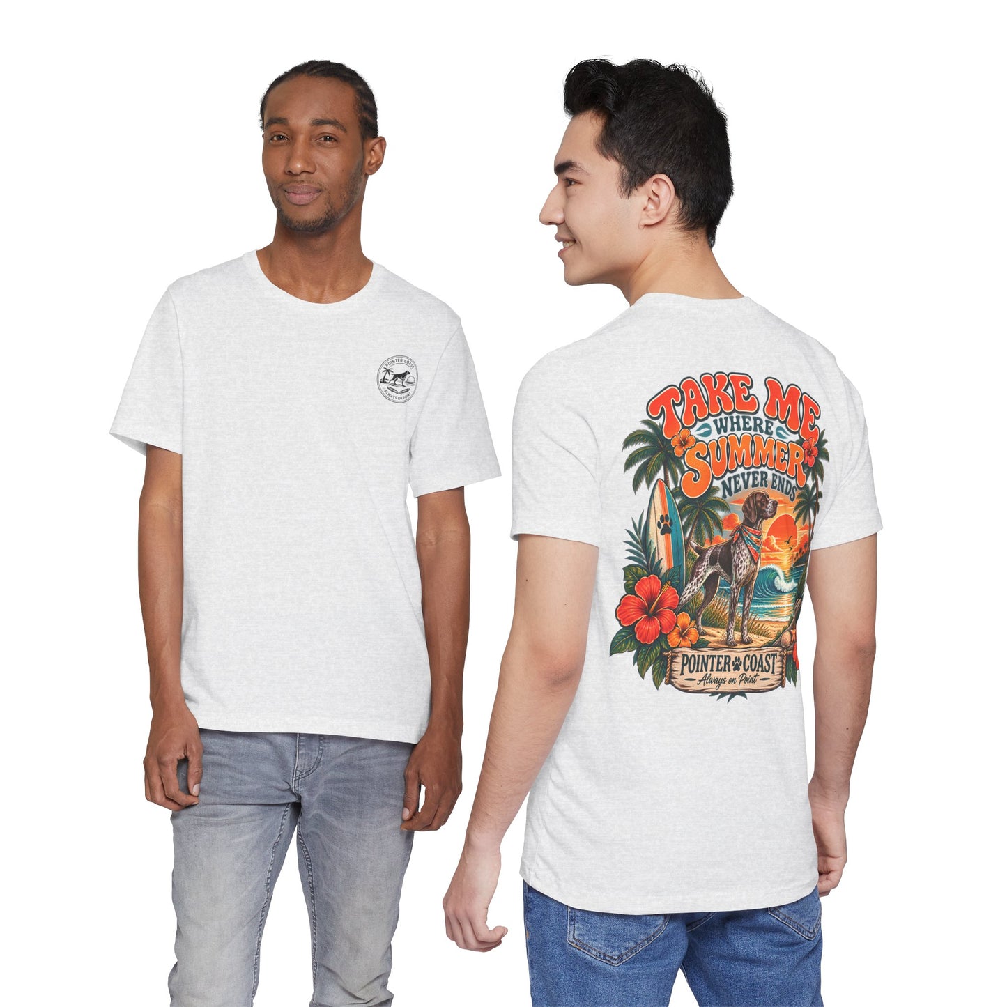 Pointer Dog Beach Graphic T Shirt, Bella Canvas 3001, Tropical Sunset, Unisex Summer Tee