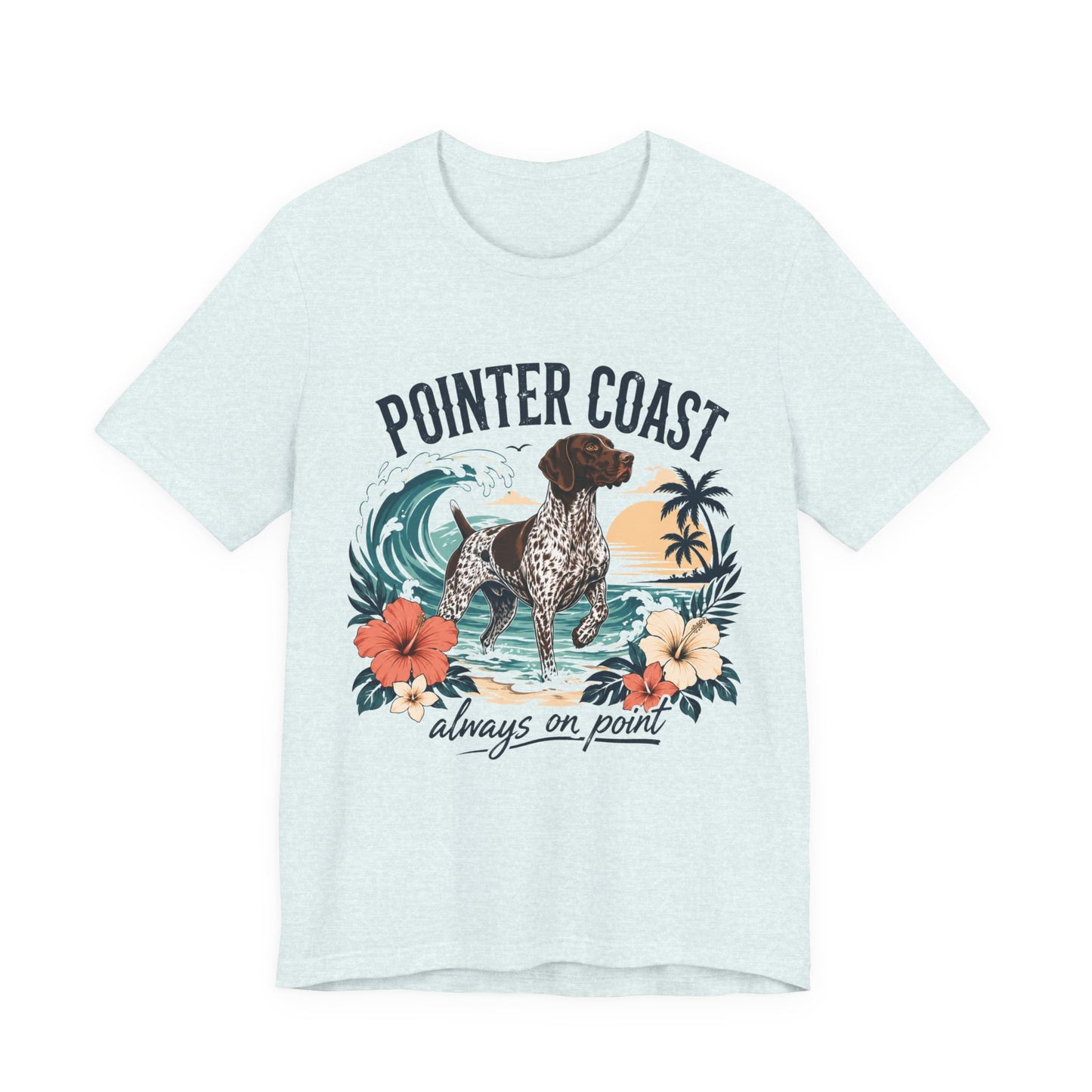 Pointer Coast Dog Graphic Tee Shirt, Bella Canvas 3001, Tropical Beach Art, Unisex Crewneck