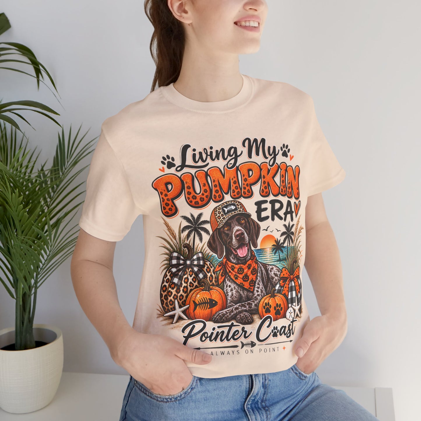 Living My Pumpkin Era Pointer Dog Shirt, Bella Canvas 3001, Coastal Fall Graphic Tee
