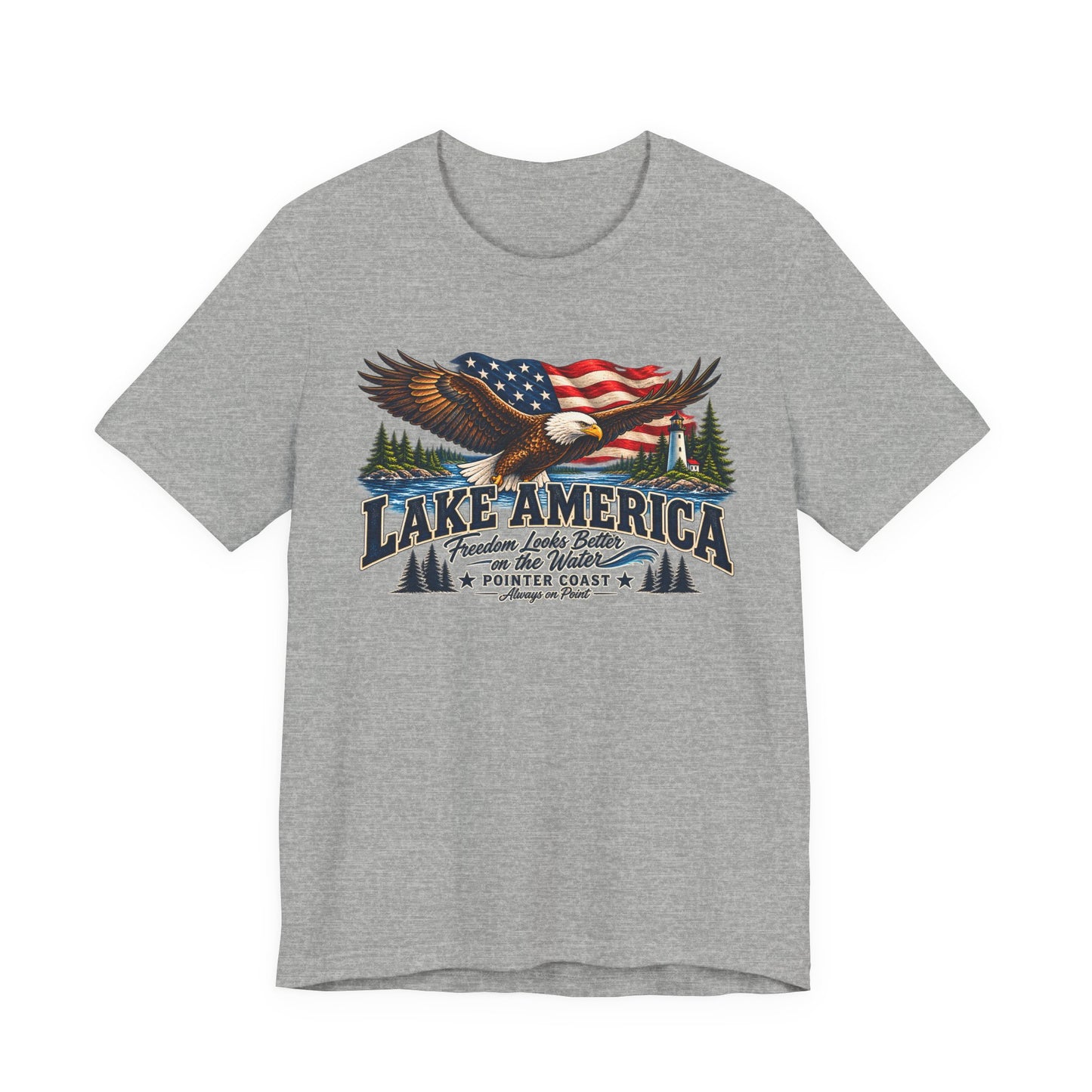 Lake America Eagle Graphic T Shirt, Patriotic Outdoor Tee, American Flag, Coastal Adventure