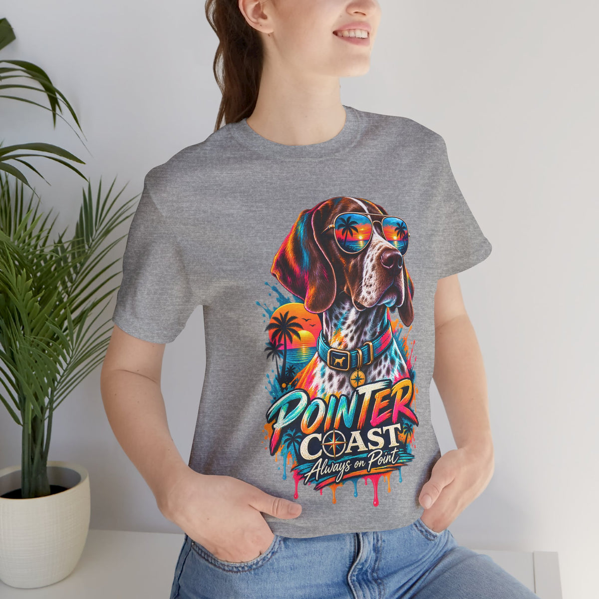 Pointer Coast Retro Dog Graphic Tee, Bella Canvas 3001, Tropical Sunset Shirt, Pet Lover Gift