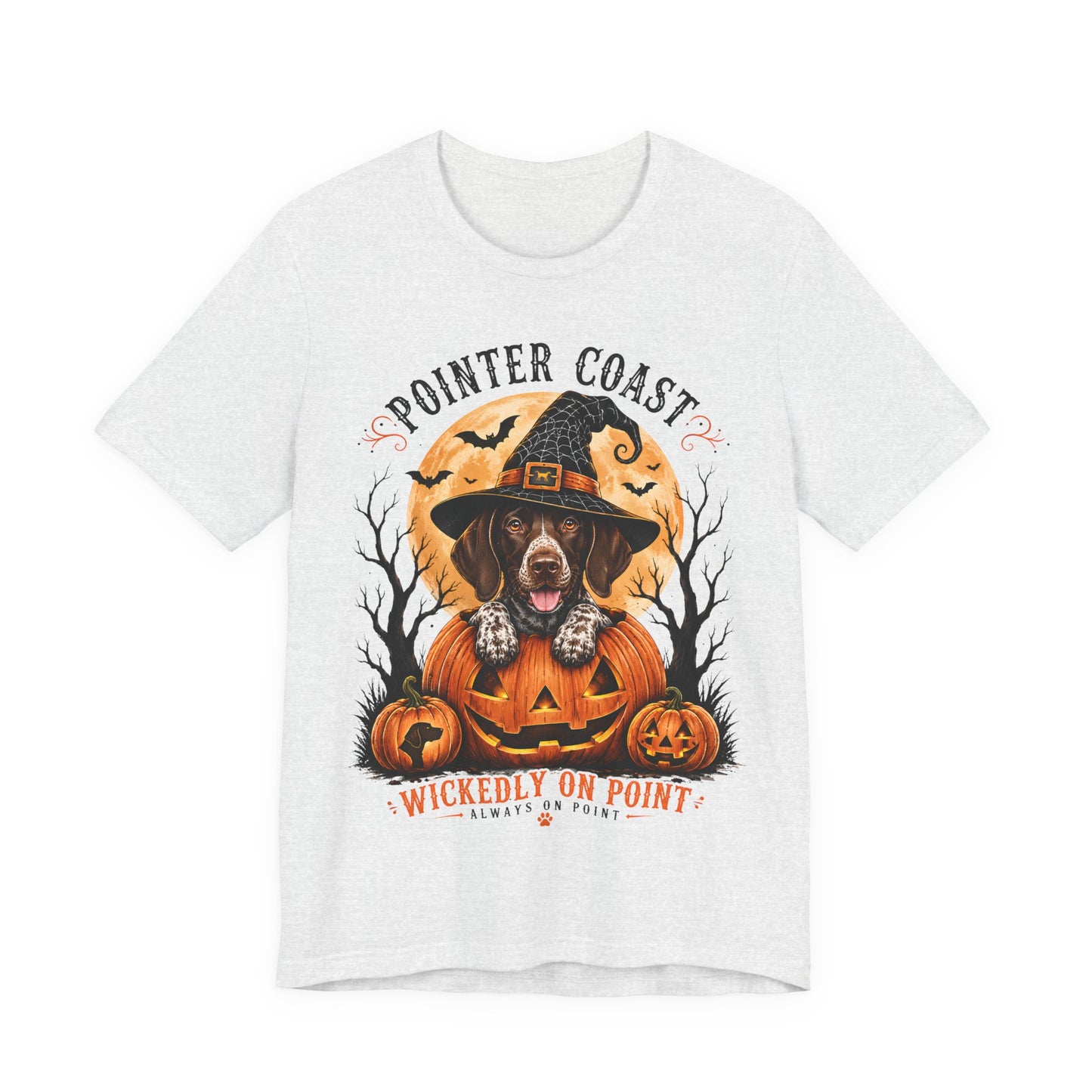 Halloween Pointer Dog Graphic T-Shirt, Bella Canvas 3001, Pumpkin Witch, Spooky Pet Lover Gift