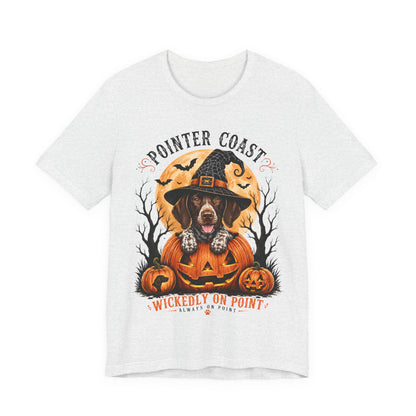 Halloween Pointer Dog Graphic T-Shirt, Bella Canvas 3001, Pumpkin Witch, Spooky Pet Lover Gift