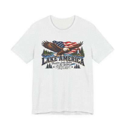 Lake America Eagle Graphic T Shirt, Patriotic Outdoor Tee, American Flag, Coastal Adventure