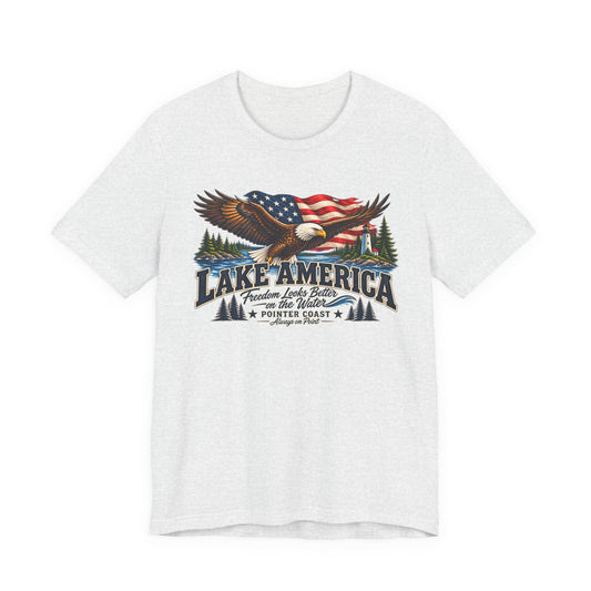 Lake America Eagle Graphic T Shirt, Patriotic Outdoor Tee, American Flag, Coastal Adventure