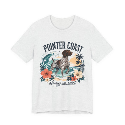 Pointer Coast Dog Graphic Tee Shirt, Bella Canvas 3001, Tropical Beach Art, Unisex Crewneck
