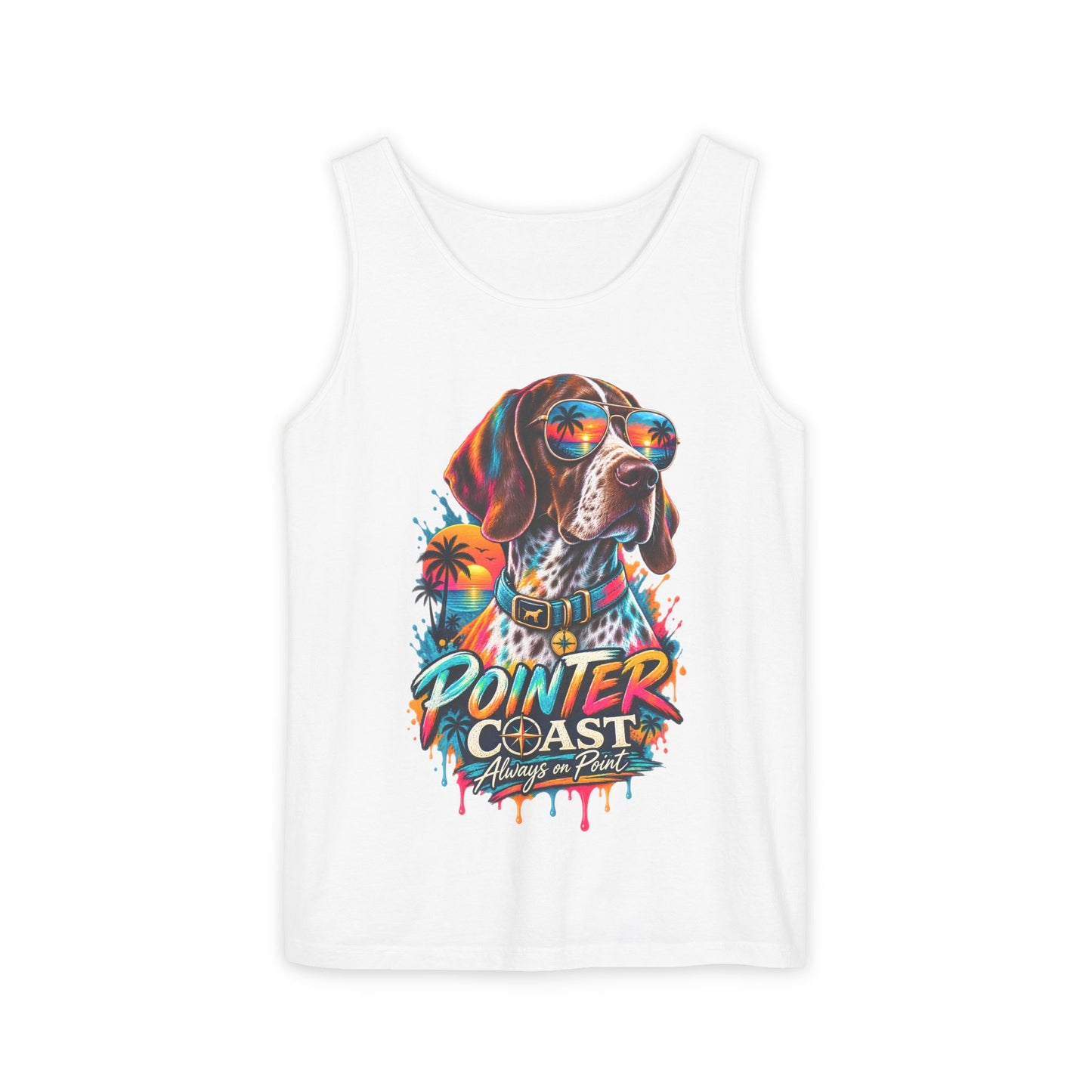 Comfort Colors Pointer Coast Tank Top, Surf Dog Graphic, Tropical Sunset Shirt, Beachwear